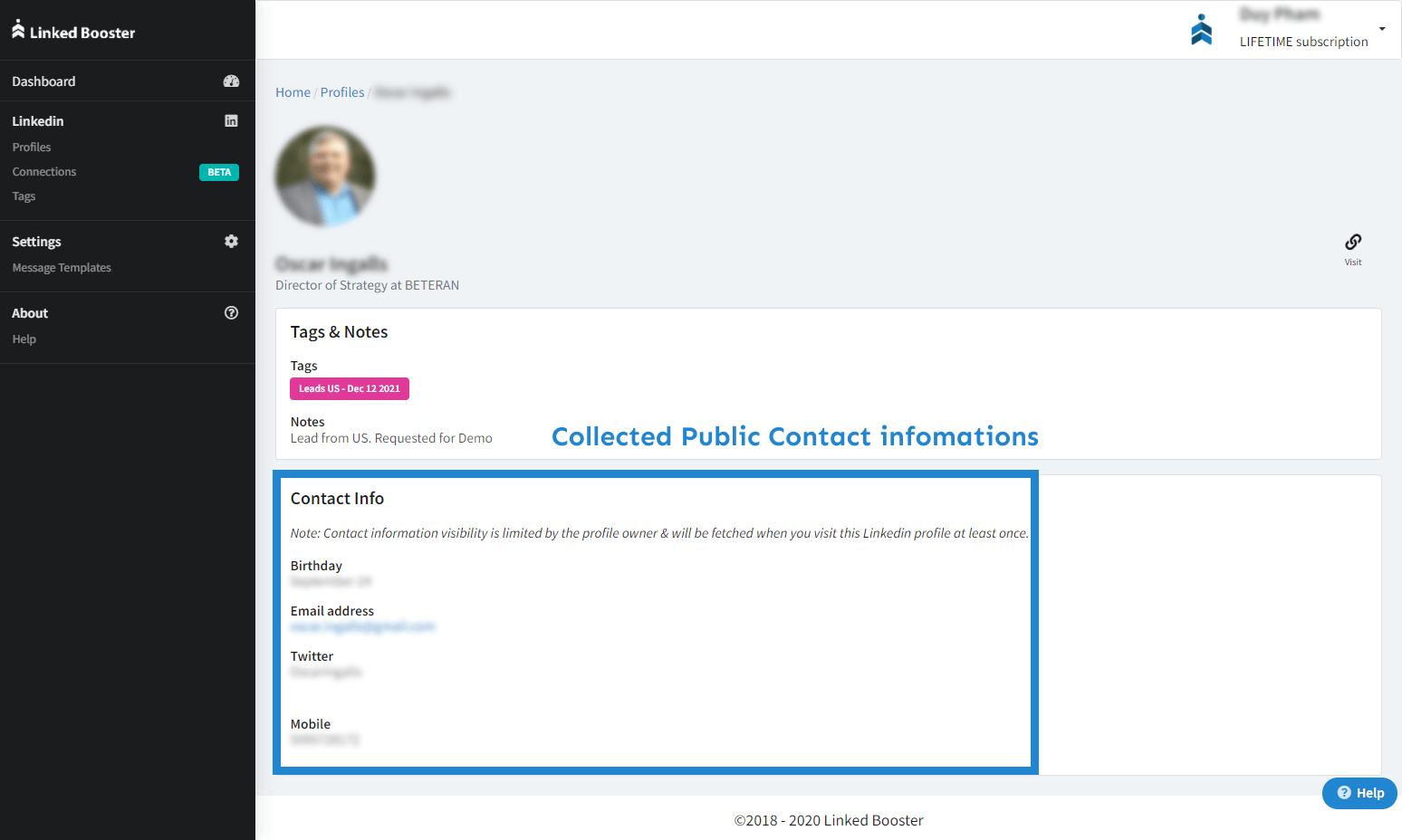 Export contact info from Linked Booster dashboard to CSV presentation image